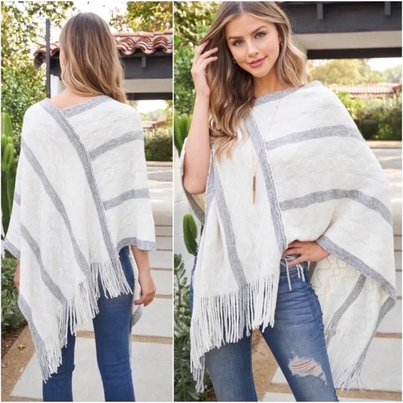 1 LEFT! Women’s Fringe Tassel Striped Lightweight Summer To Fall Cute Poncho - Picture 3 of 4